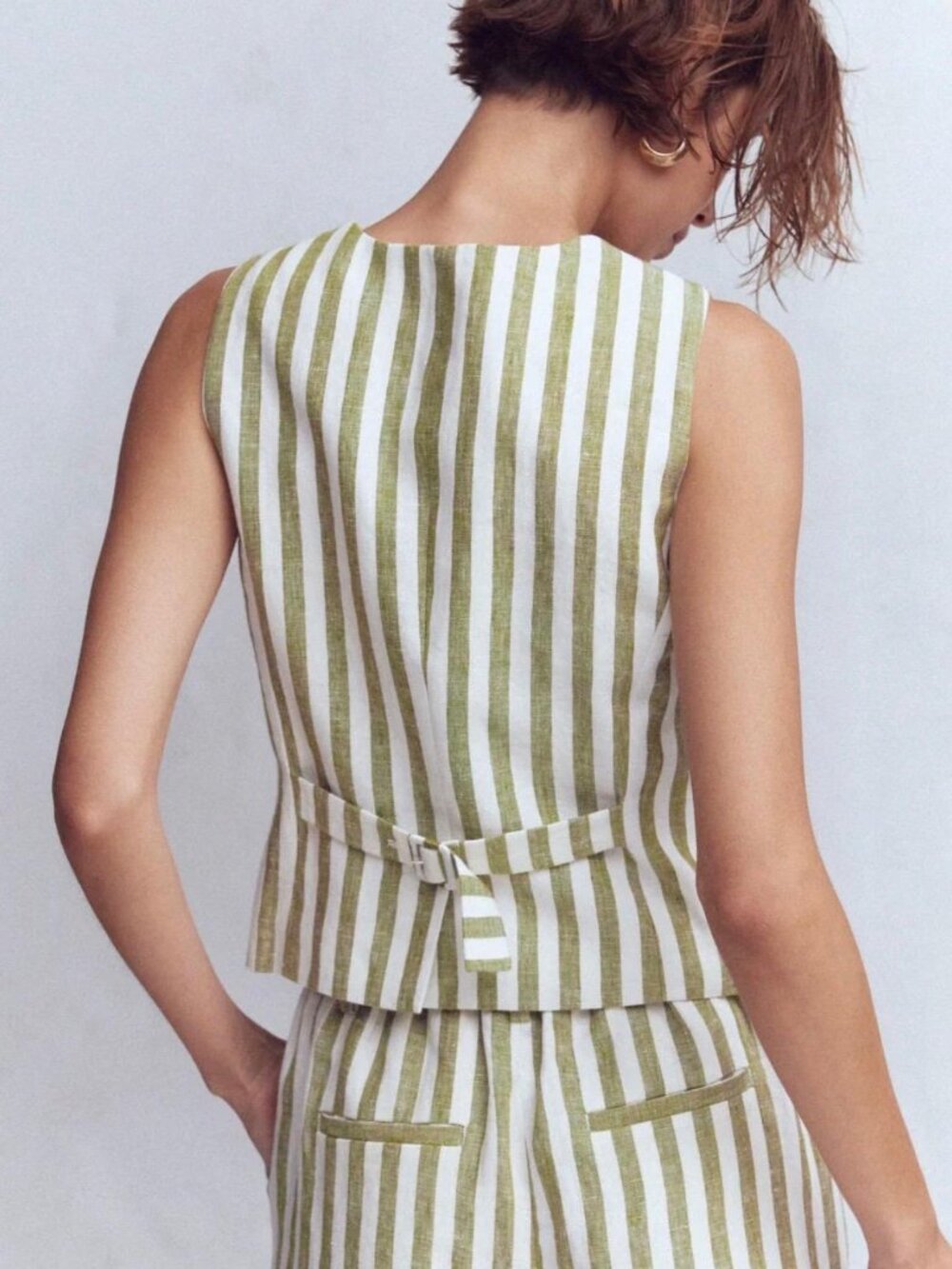 Boden Olive Ivory Stripe Linen Vest & Wide Leg Pants Set Size 8 - Picture 2 of 13